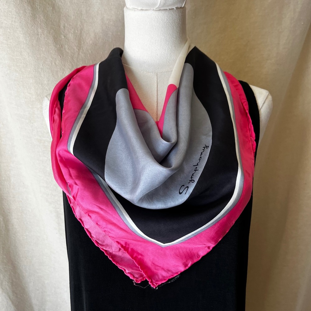 Vintage Symphony 100% Silk Scarf 30x30 Pink Black Gray Geometric Made in Italy